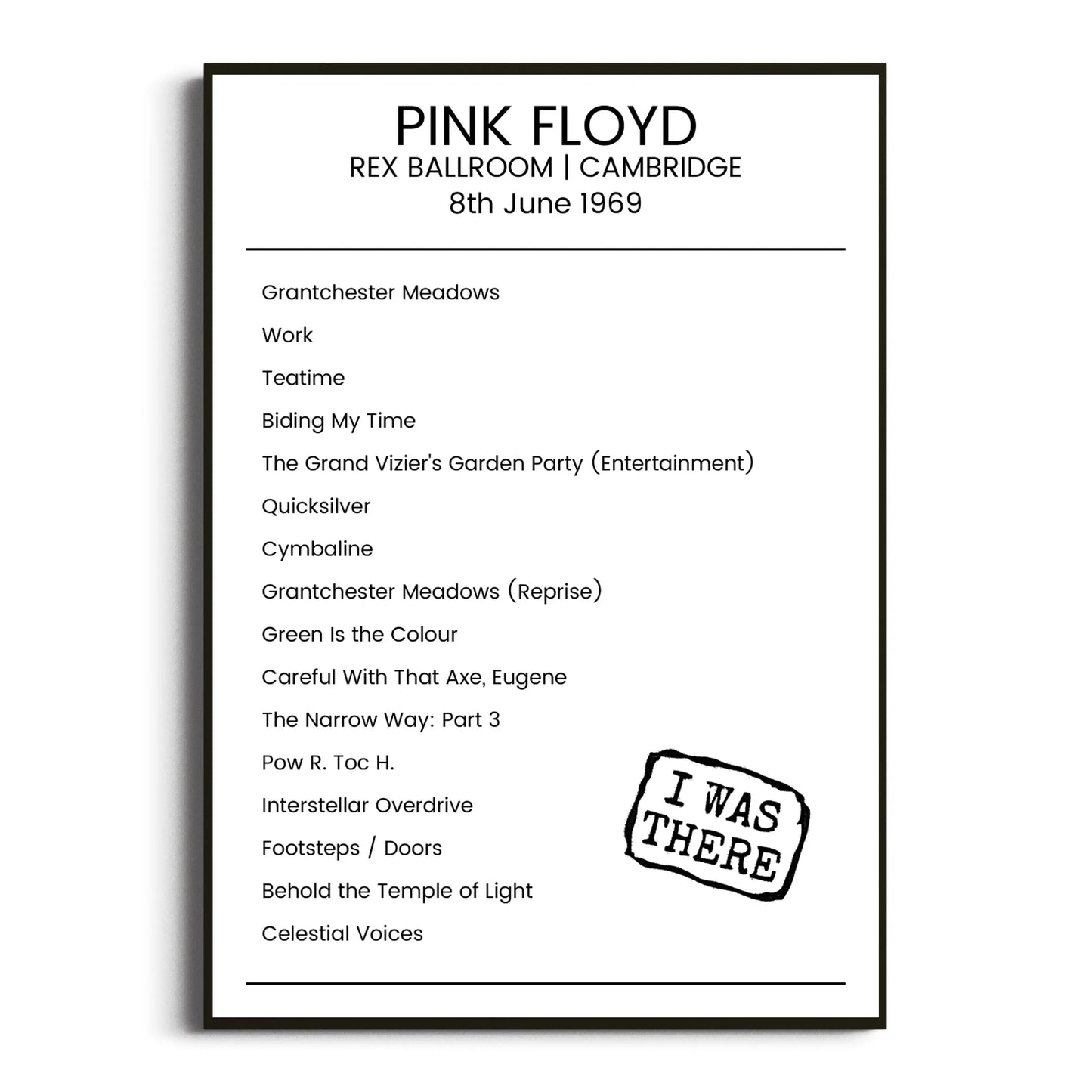 Pink Floyd Cambridge 08 June 1969 Setlist Poster