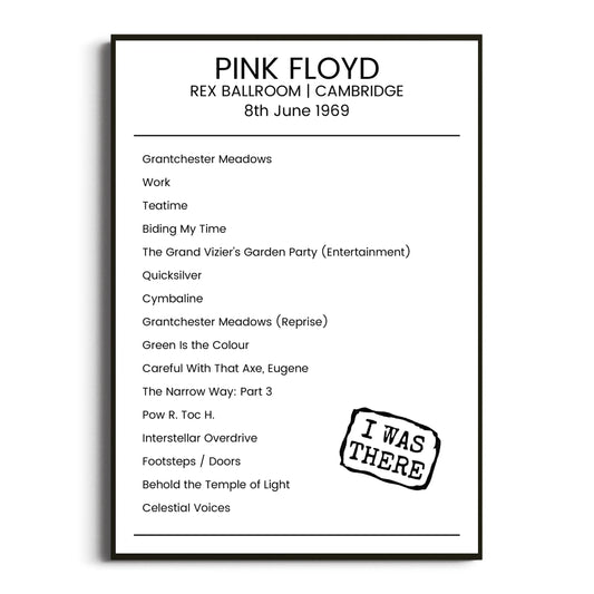 Pink Floyd Cambridge 08 June 1969 Setlist Poster