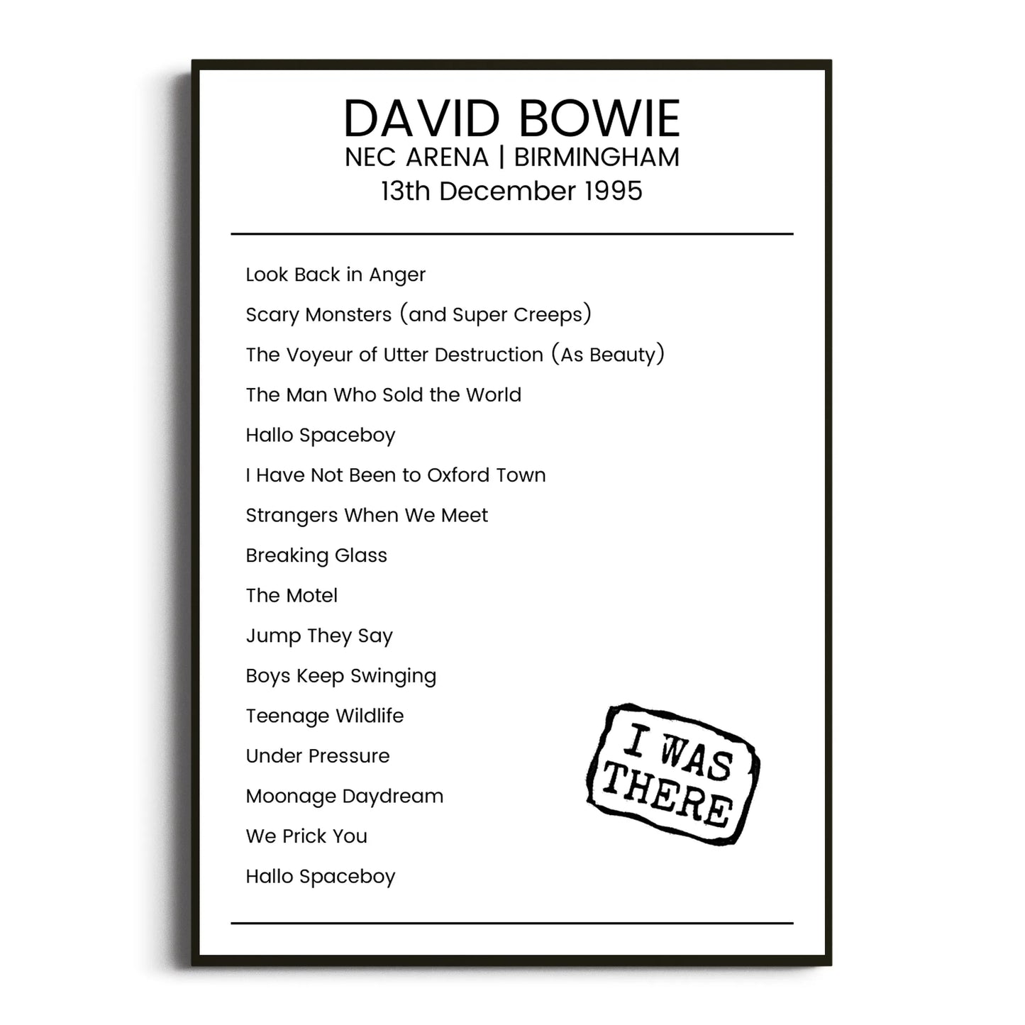 David Bowie Birmingham 13 December 1995 Setlist Poster