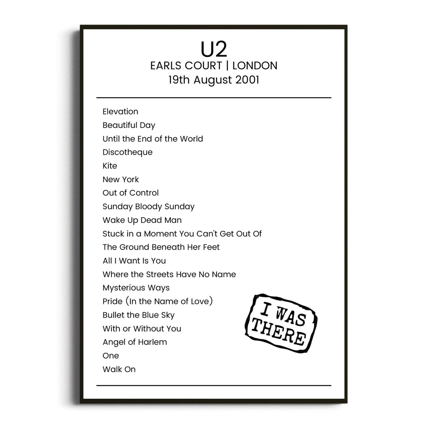 U2 London 19 August 2001 Setlist Poster