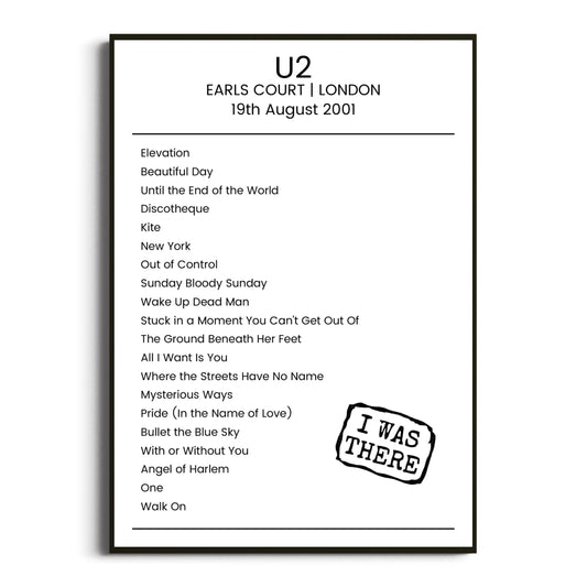 U2 London 19 August 2001 Setlist Poster