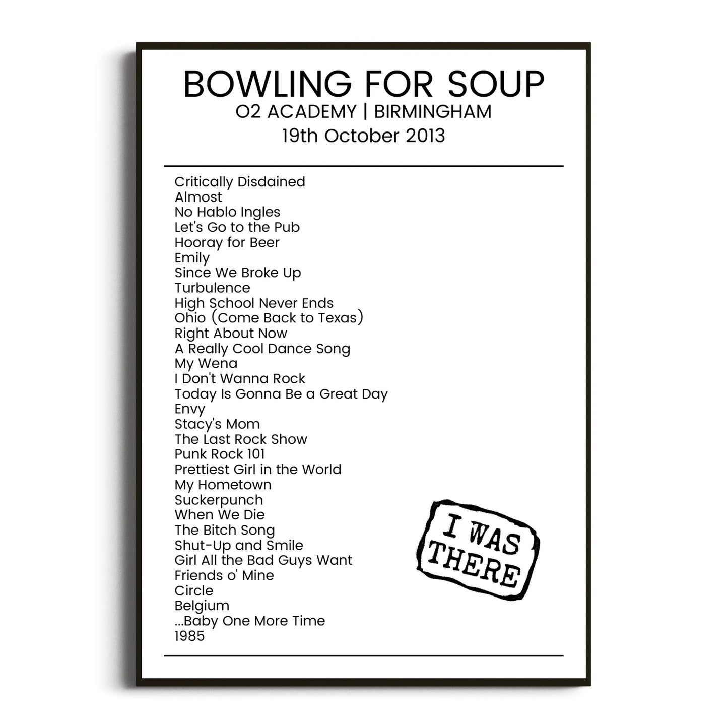 Bowling for Soup Birmingham 19 October 2013 Setlist Poster