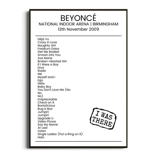 Beyoncé Birmingham 12 November 2009 Setlist Poster