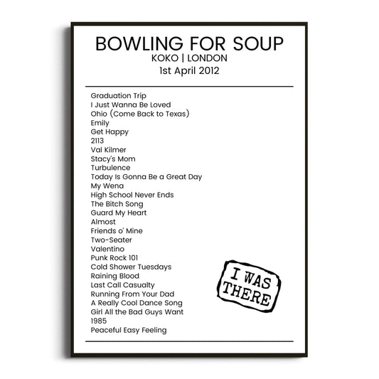 Bowling for Soup London 01 April 2012 Setlist Poster