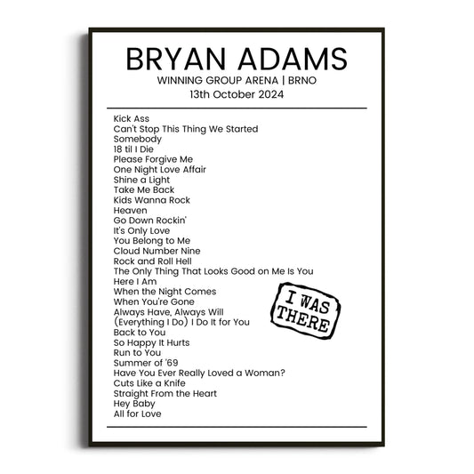 Bryan Adams Brno 13 October 2024 Setlist Poster