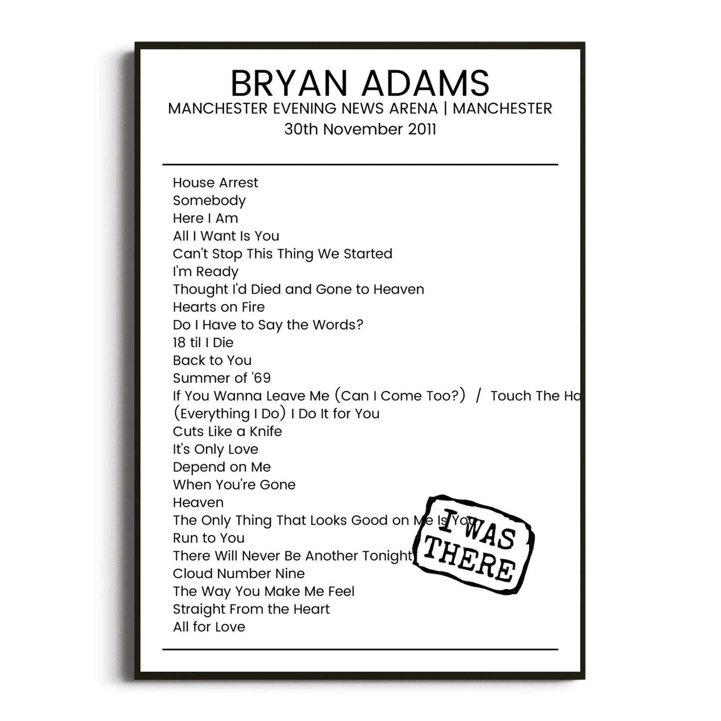 Bryan Adams Manchester 30 November 2011 Setlist Poster