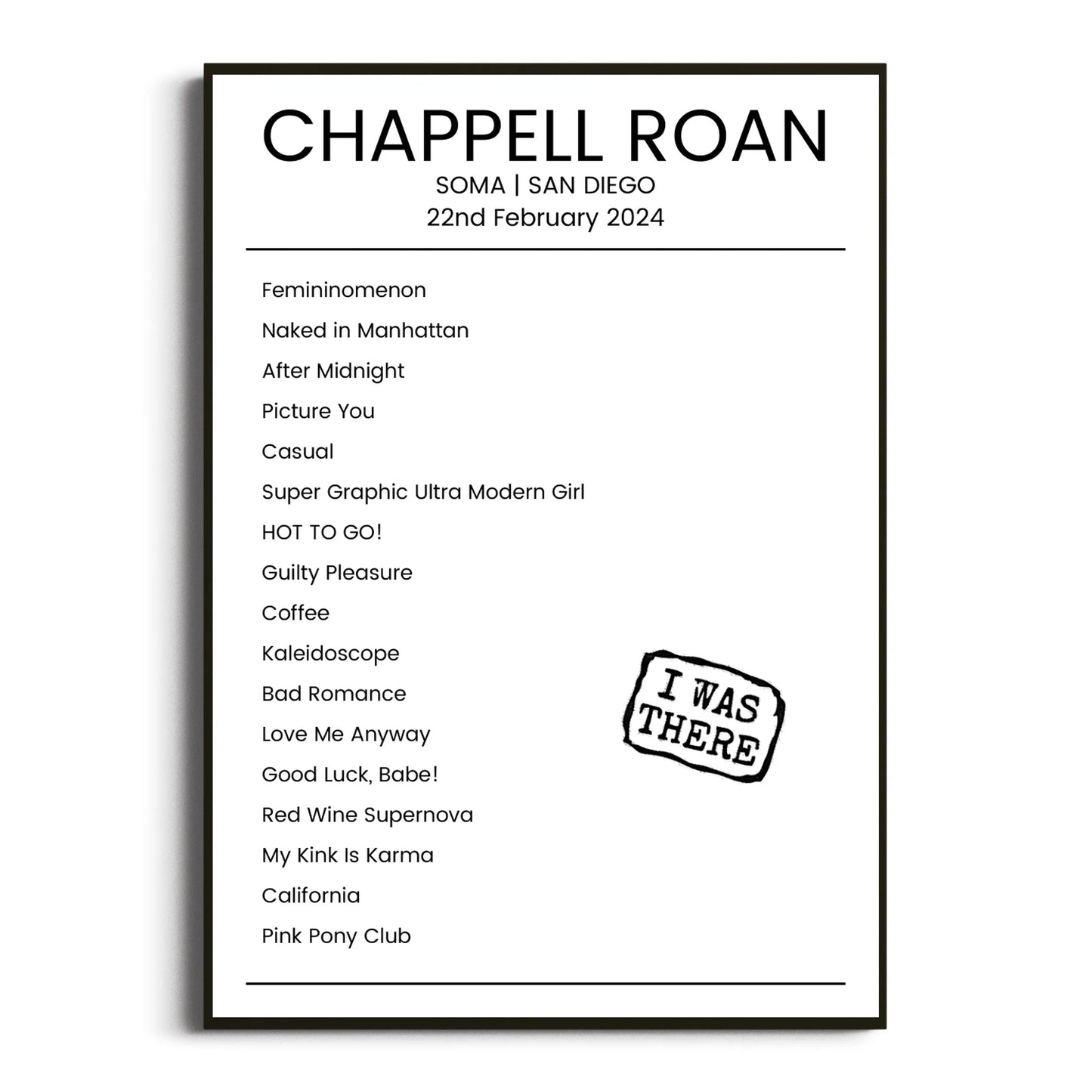 Chappell Roan San Diego 22 February 2024 Setlist Poster