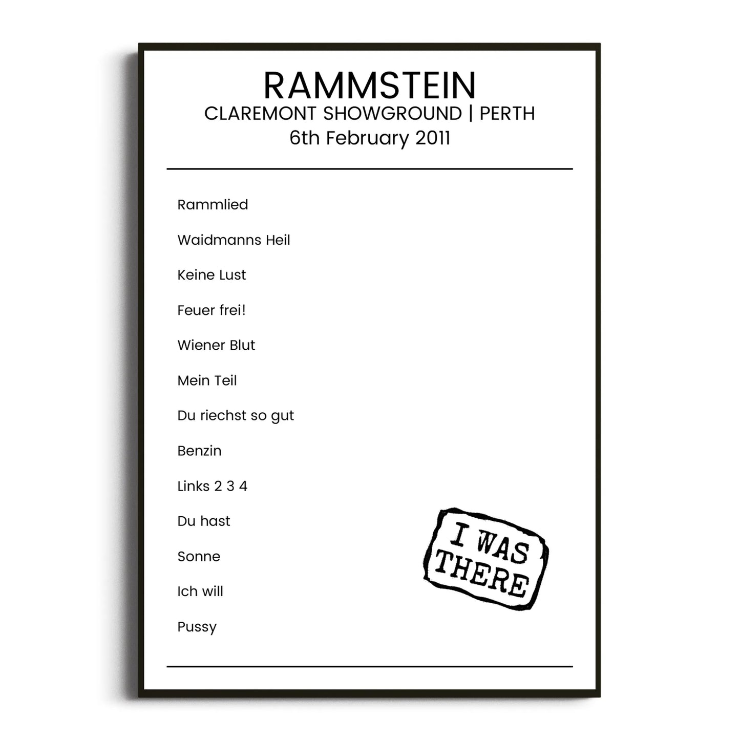 Rammstein Perth 06 February 2011 Setlist Poster