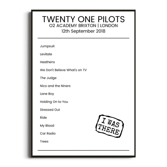 Twenty One Pilots London 12 September 2018 Setlist Poster