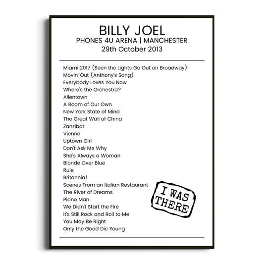 Billy Joel Manchester 29 October 2013 Setlist Poster