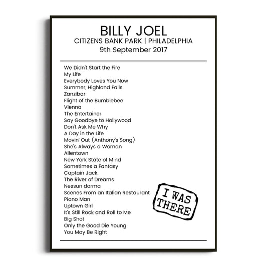 Billy Joel Philadelphia 09 September 2017 Setlist Poster