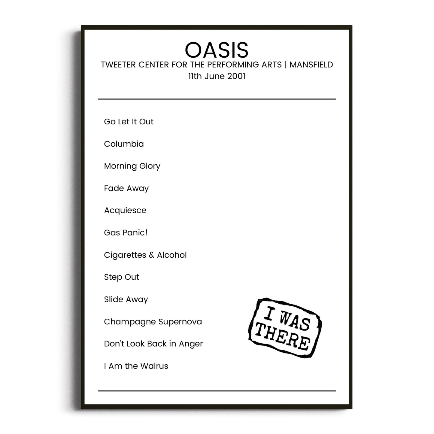 Oasis Mansfield 11 June 2001 Setlist Poster