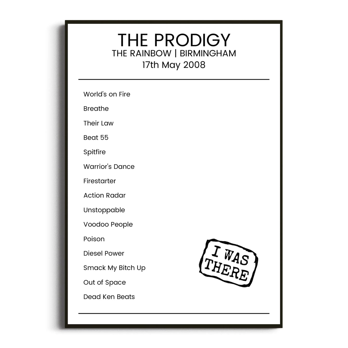 The Prodigy Birmingham 17 May 2008 Setlist Poster