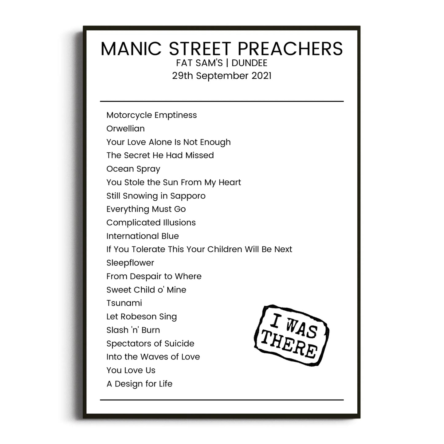 Manic Street Preachers Dundee 29 September 2021 Setlist Poster