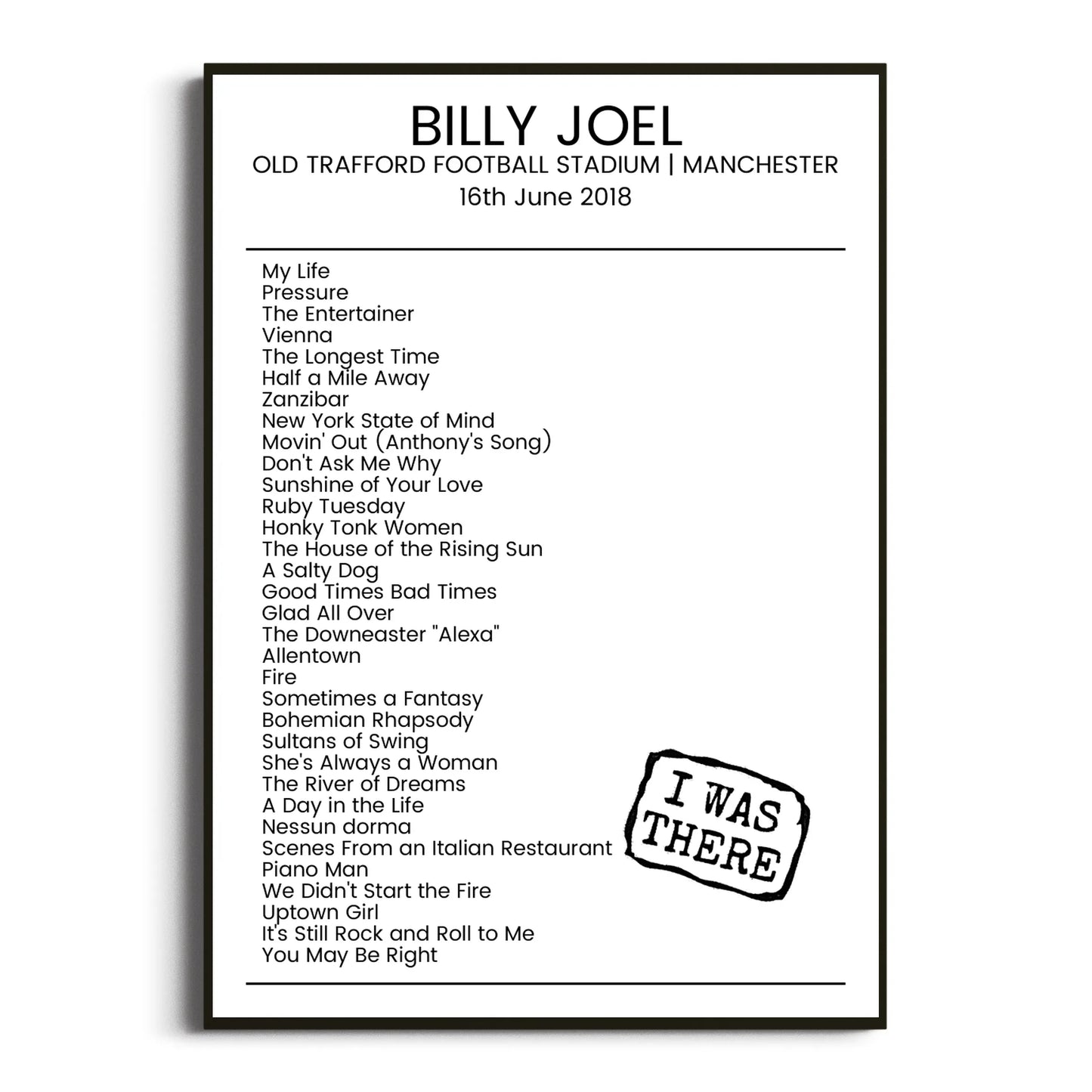 Billy Joel Manchester 16 June 2018 Setlist Poster