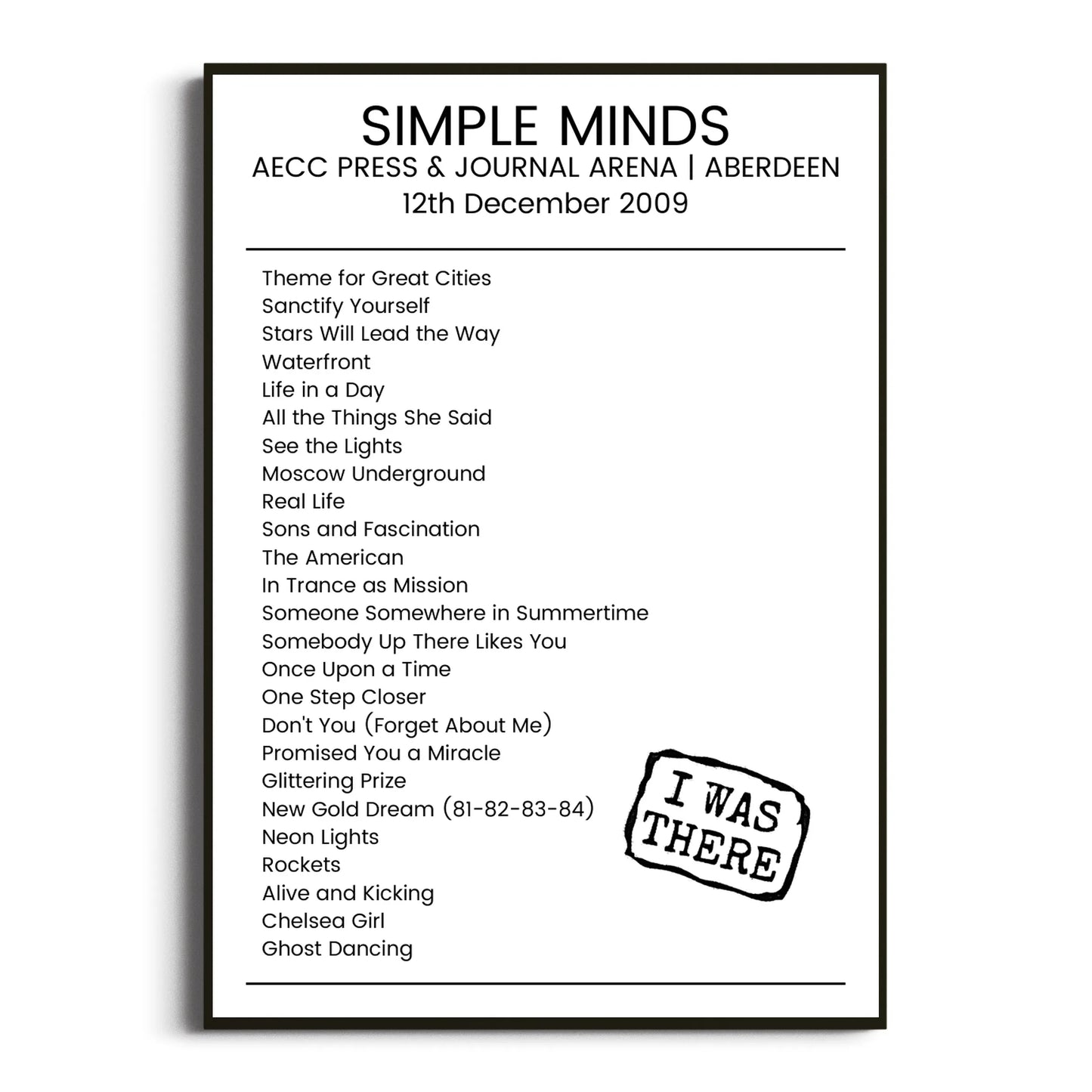 Simple Minds Aberdeen 12 December 2009 Setlist Poster