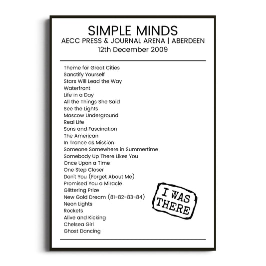 Simple Minds Aberdeen 12 December 2009 Setlist Poster