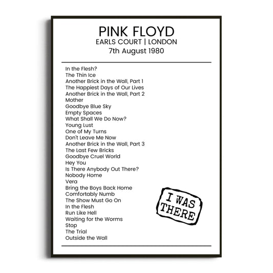 Pink Floyd London 07 August 1980 Setlist Poster