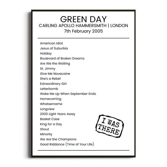 Green Day London 07 February 2005 Setlist Poster