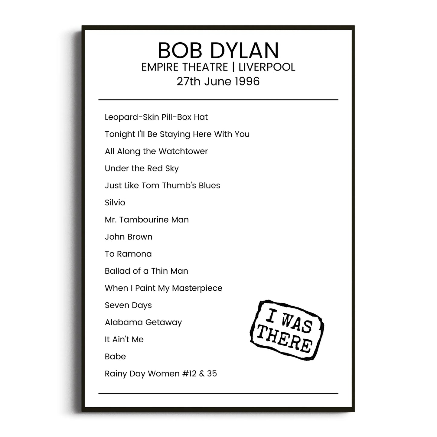 Bob Dylan Liverpool 27 June 1996 Setlist Poster