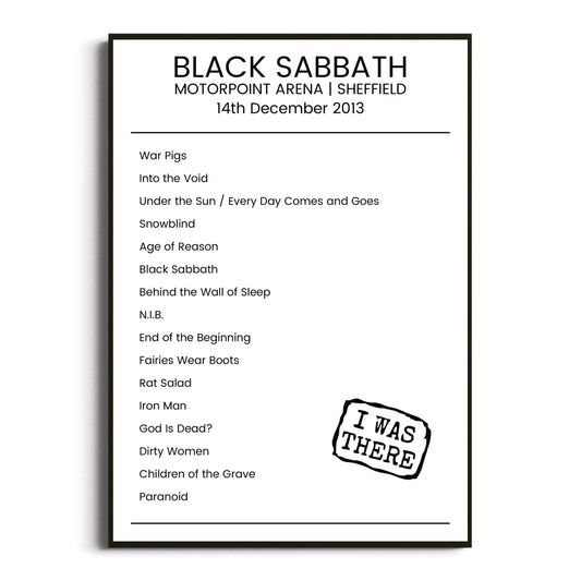 Black Sabbath Sheffield 14 December 2013 Setlist Poster