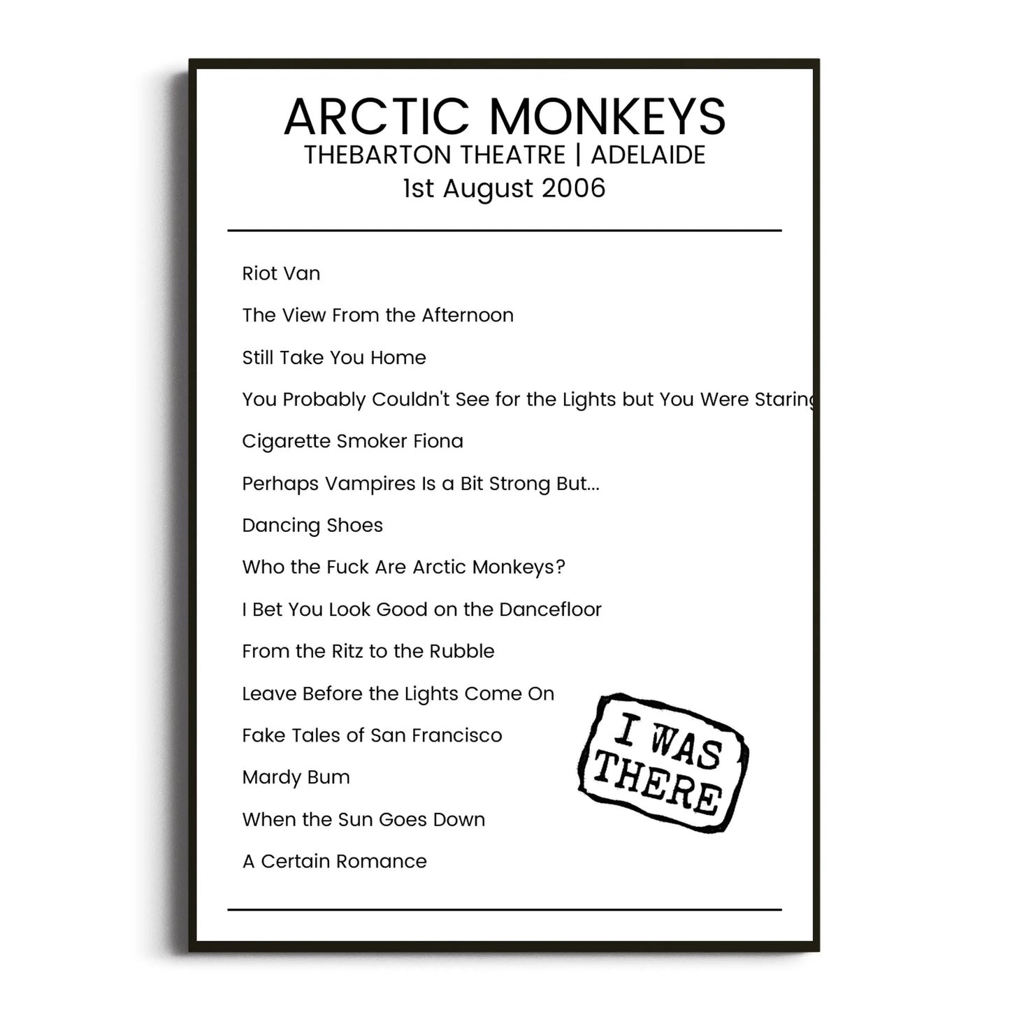 Arctic Monkeys Adelaide 01 August 2006 Setlist Poster