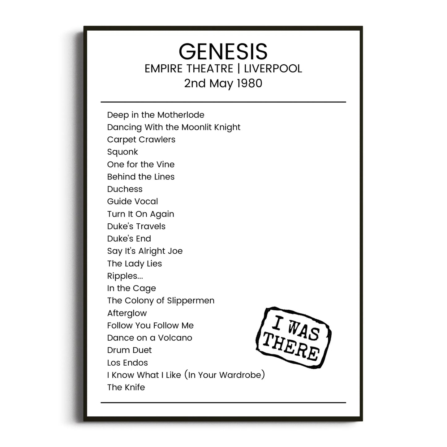 Genesis Liverpool 02 May 1980 Setlist Poster