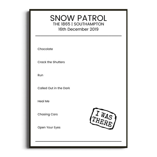 Snow Patrol Southampton 16 December 2019 Setlist Poster