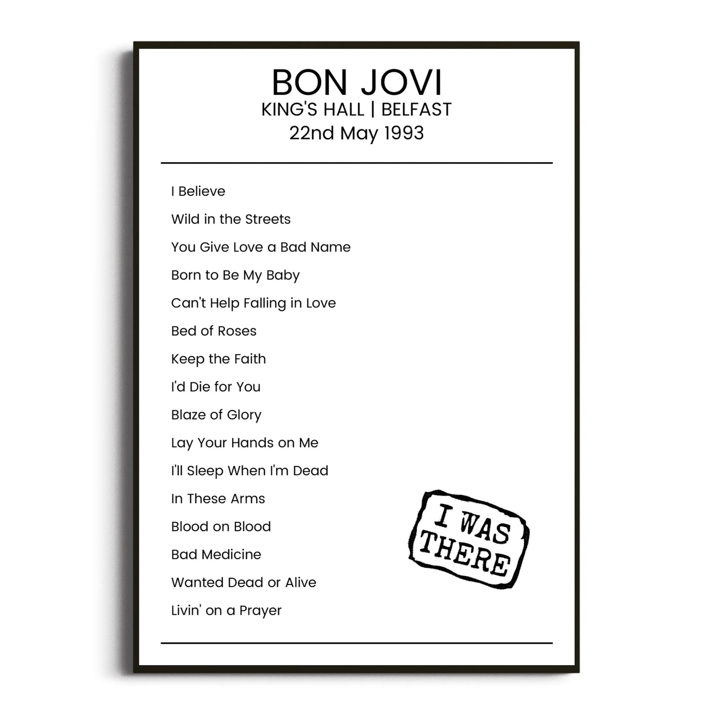 Bon Jovi Belfast 22 May 1993 Setlist Poster