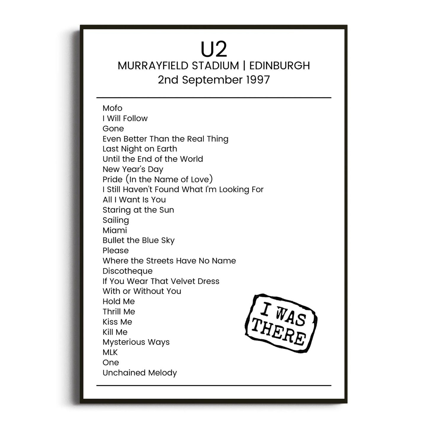 U2 Edinburgh 02 September 1997 Setlist Poster