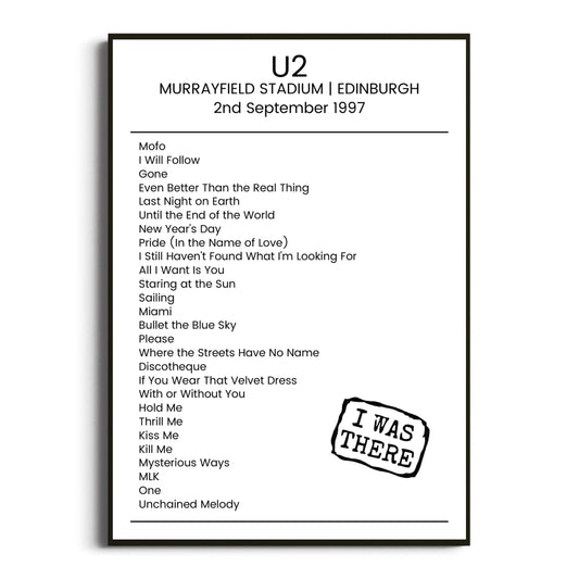 U2 Edinburgh 02 September 1997 Setlist Poster