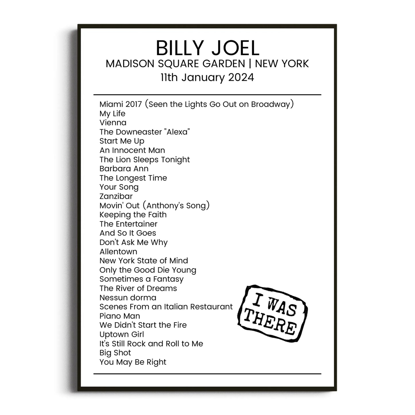 Billy Joel New York 11 January 2024 Setlist Poster