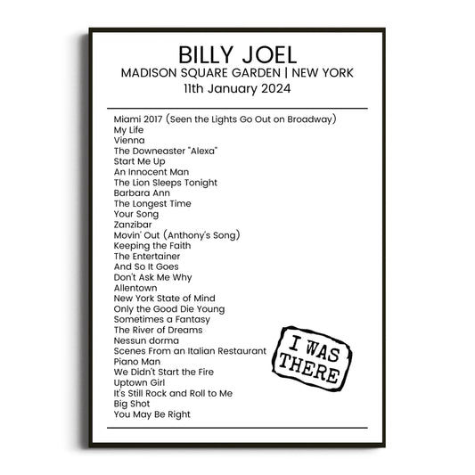 Billy Joel New York 11 January 2024 Setlist Poster