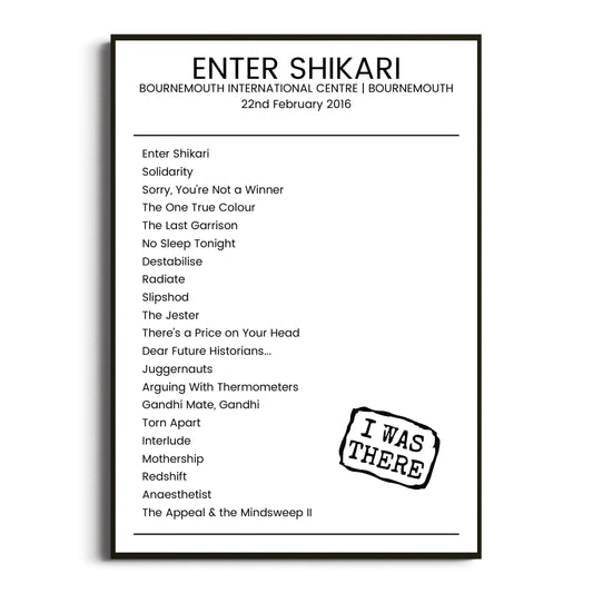 Enter Shikari Bournemouth 22 February 2016 Setlist Poster