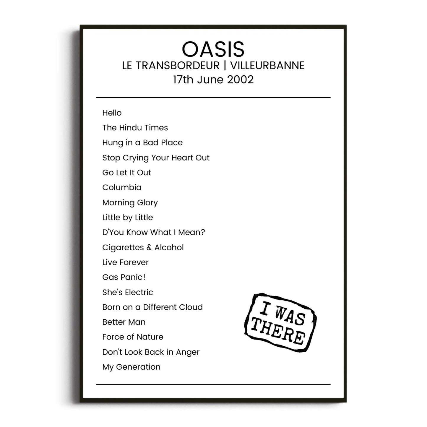 Oasis Villeurbanne 17 June 2002 Setlist Poster