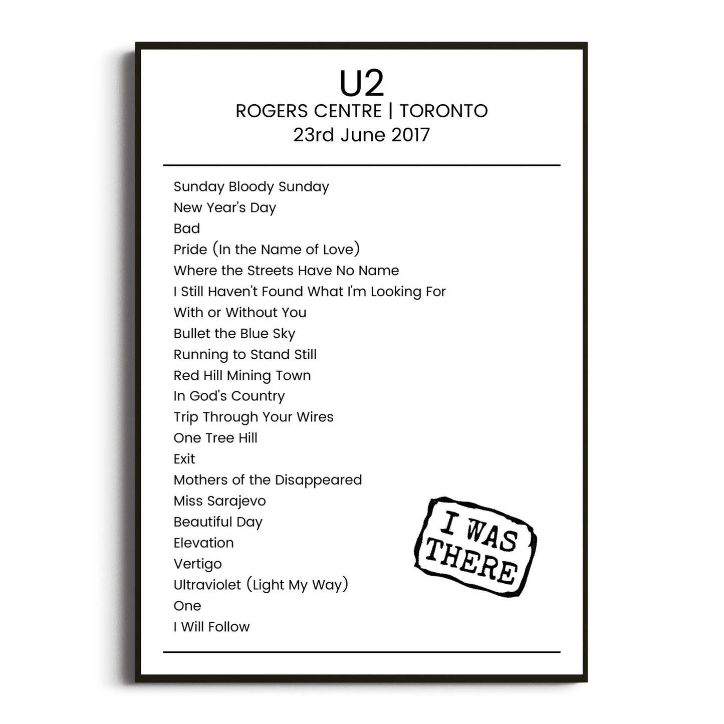 U2 Toronto 23 June 2017 Setlist Poster