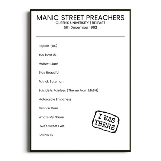 Manic Street Preachers Belfast 05 December 1992 Setlist Poster