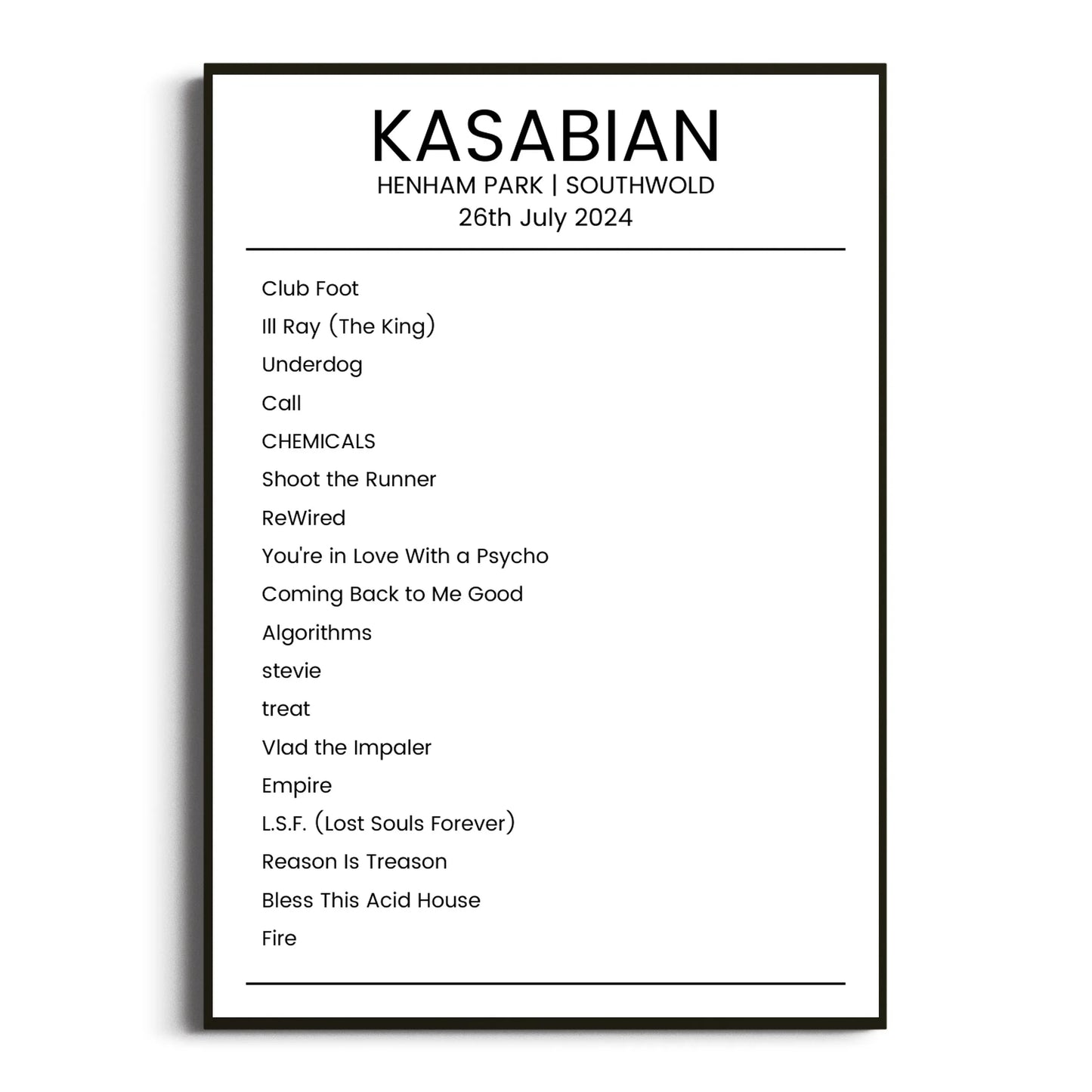 Kasabian Southwold 26 July 2024 Setlist Poster