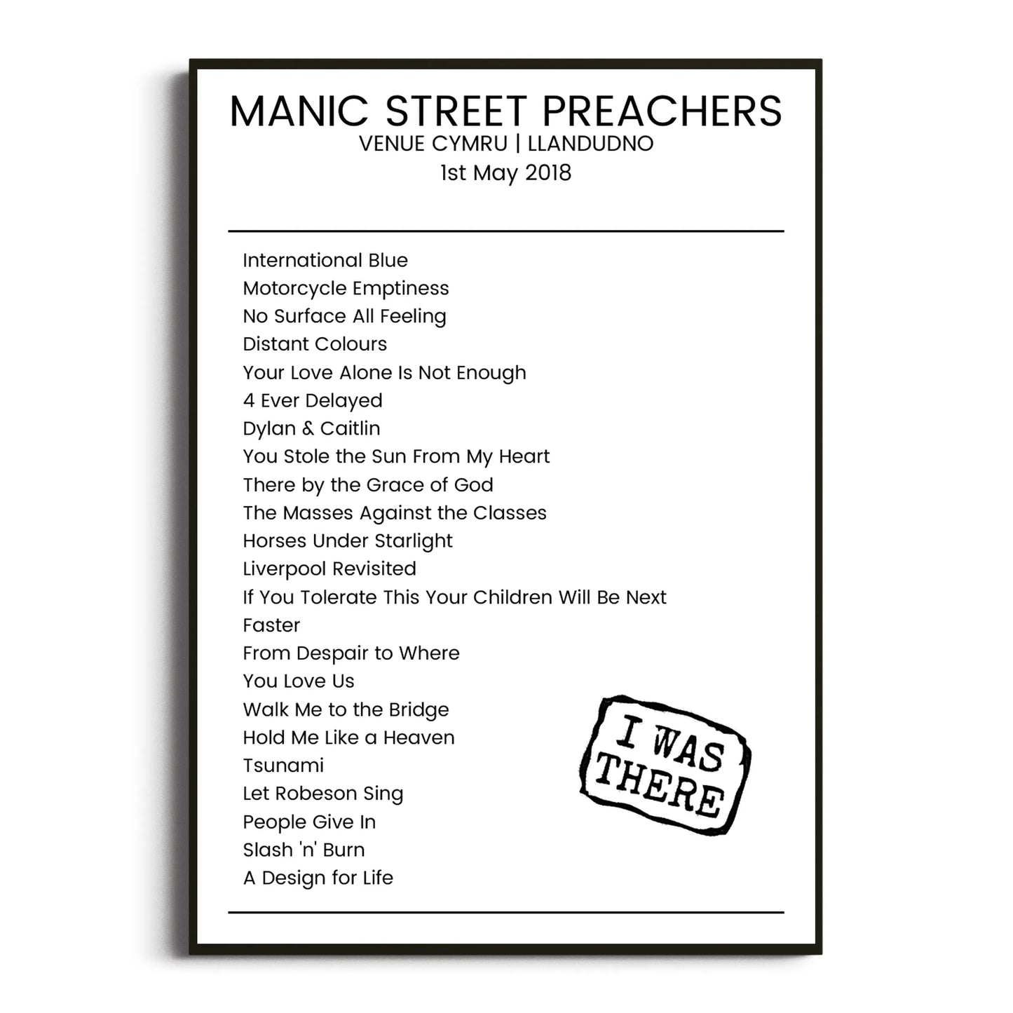 Manic Street Preachers Llandudno 01 May 2018 Setlist Poster