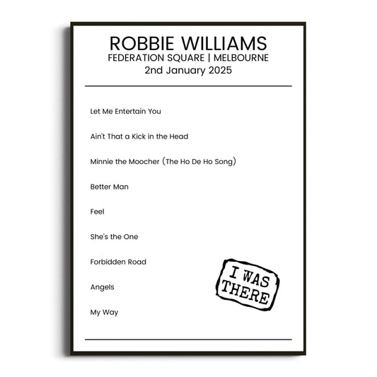 Robbie Williams Melbourne 02 January 2025 Setlist Poster