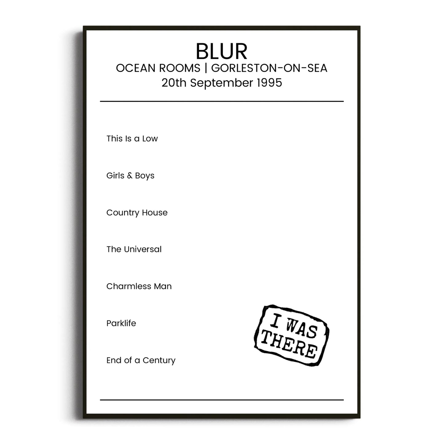 Blur Gorleston-on-Sea 20 September 1995 Setlist Poster