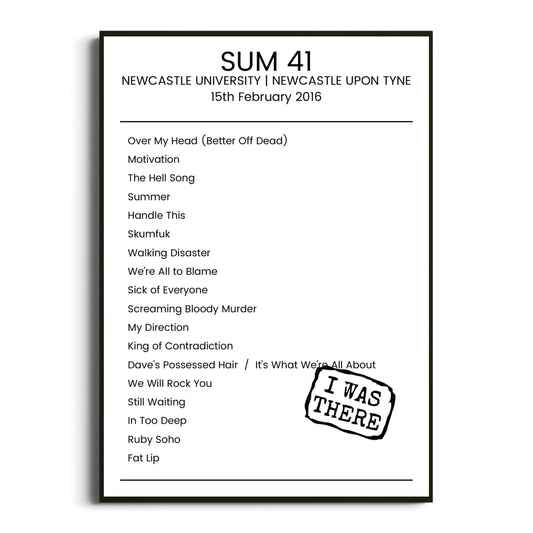 Sum 41 Newcastle upon Tyne 15 February 2016 Setlist Poster