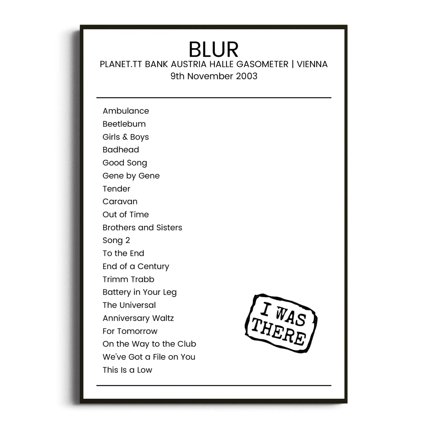 Blur Vienna 09 November 2003 Setlist Poster