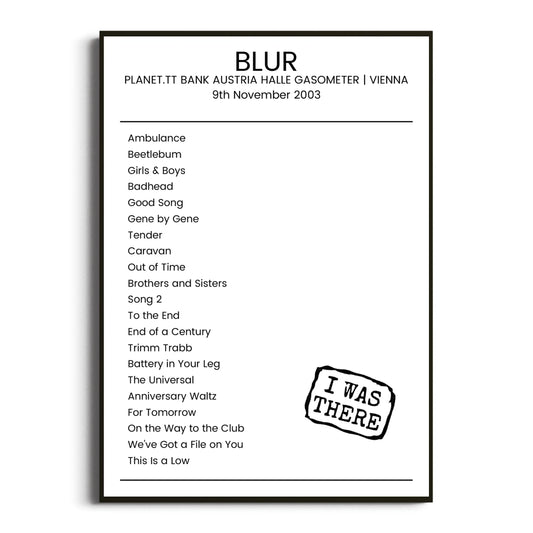 Blur Vienna 09 November 2003 Setlist Poster