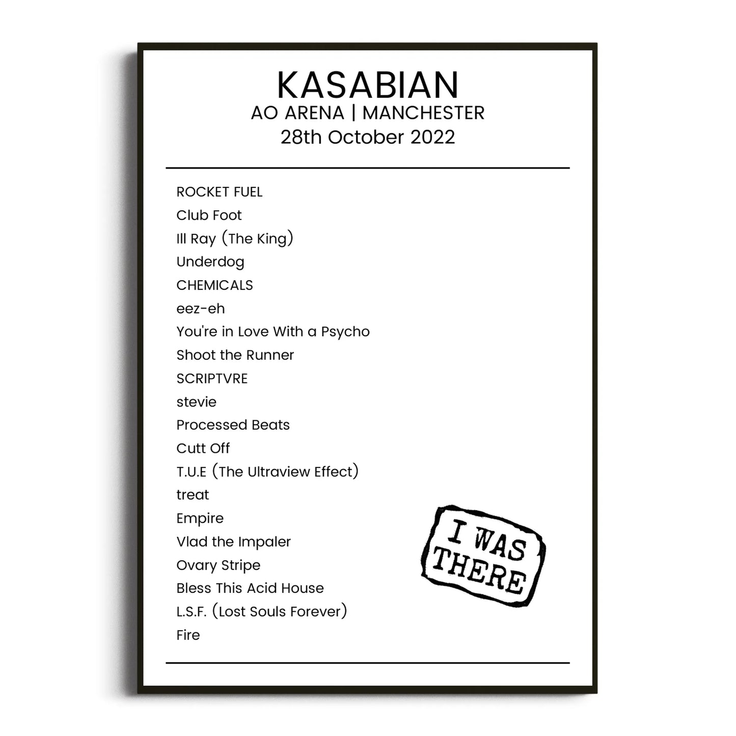 Kasabian Manchester 28 October 2022 Setlist Poster