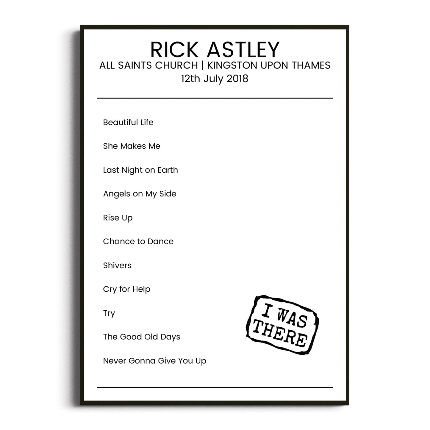 Rick Astley Kingston upon Thames 12 July 2018 Setlist Poster