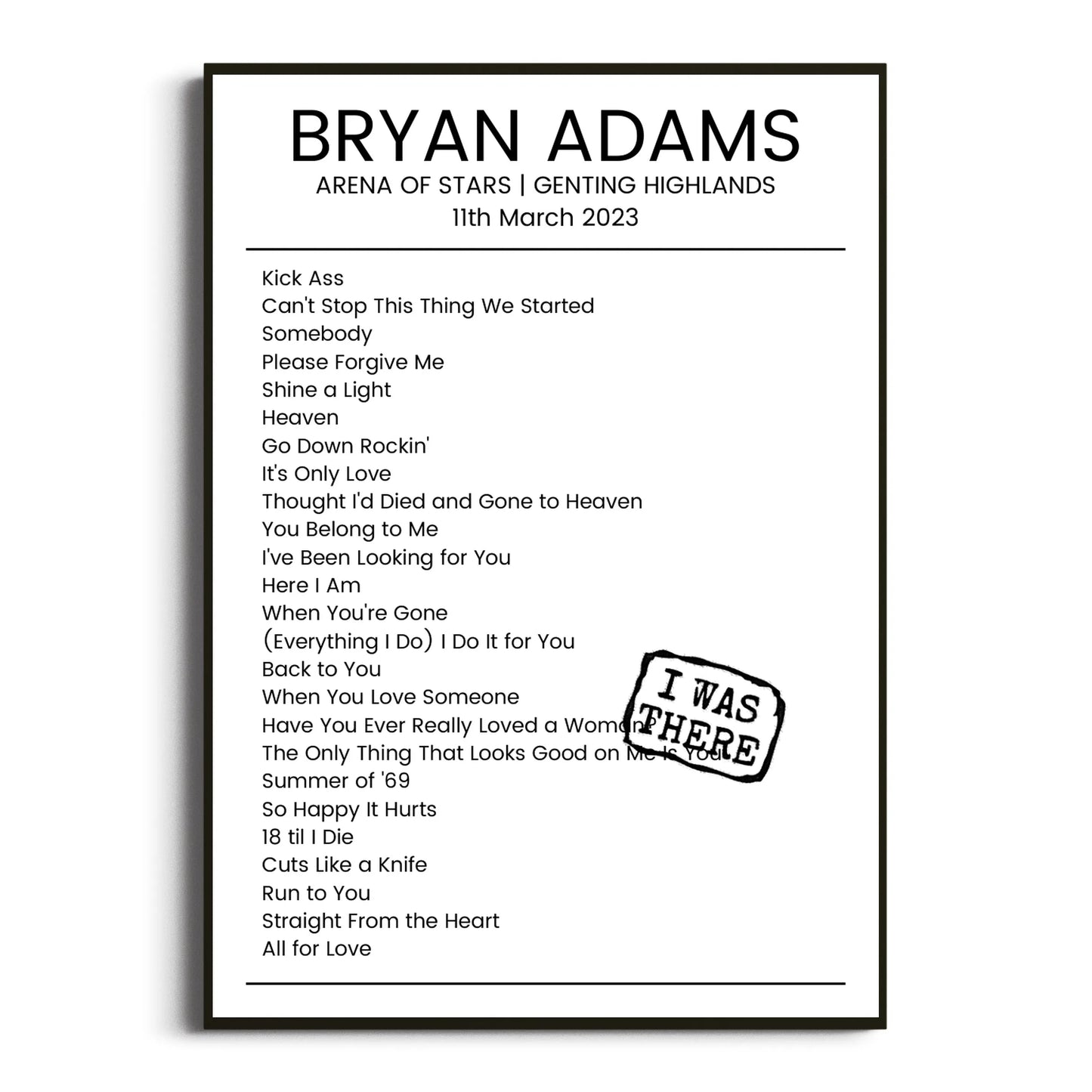 Bryan Adams Genting Highlands 11 March 2023 Setlist Poster