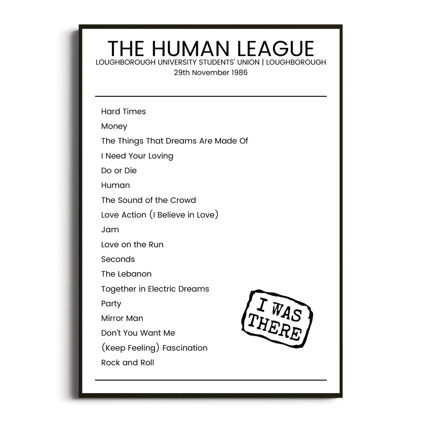 The Human League Loughborough 29 November 1986 Setlist Poster