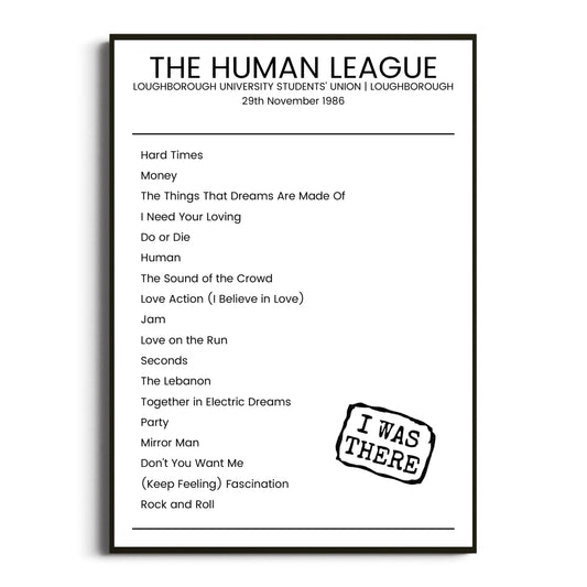 The Human League Loughborough 29 November 1986 Setlist Poster