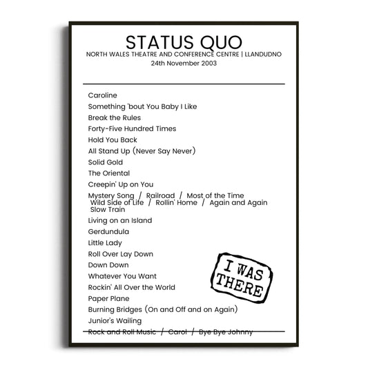 Status Quo Llandudno 24 November 2003 Setlist Poster